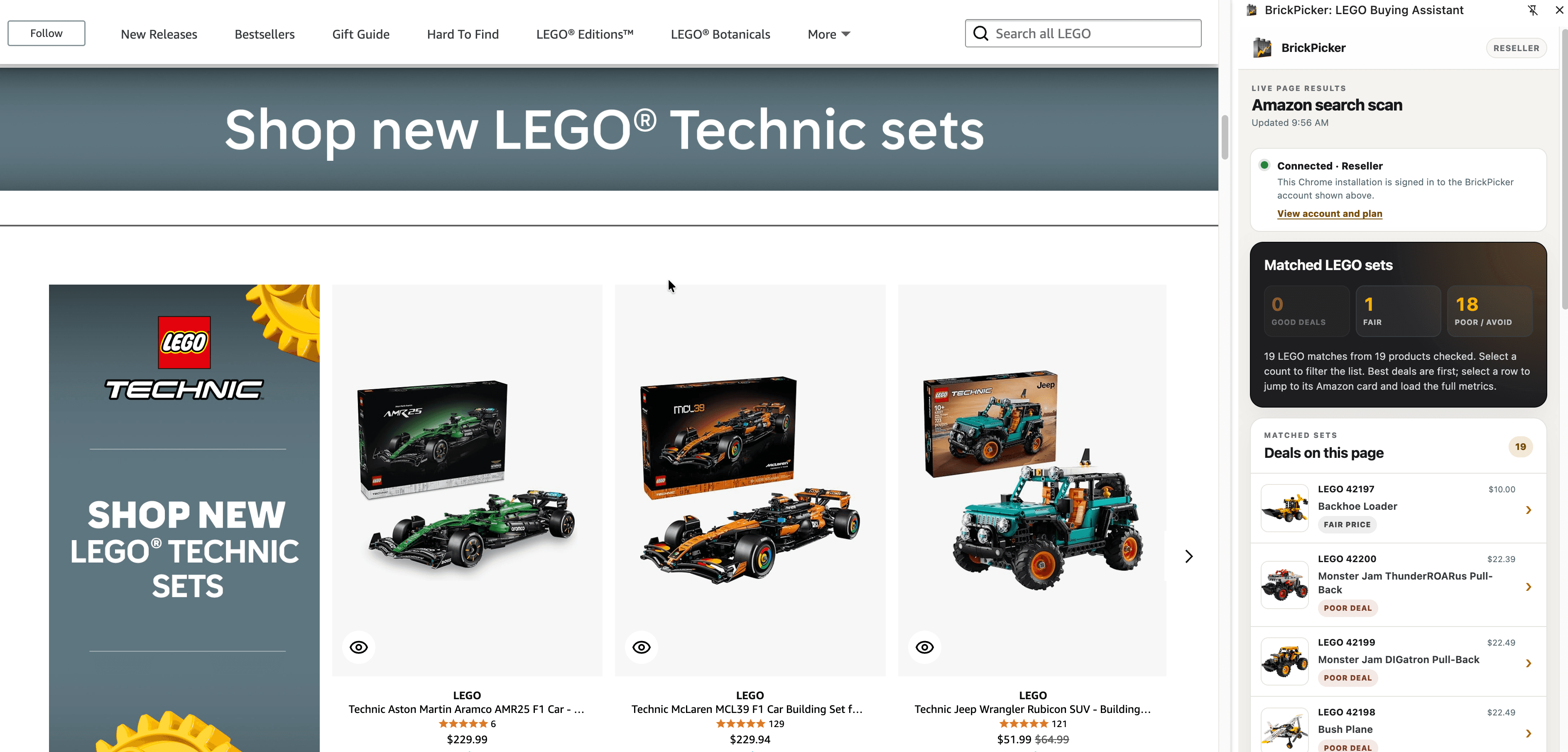 BrickPicker Browser Companion matching 19 LEGO products on an Amazon store page and ranking them in the side panel