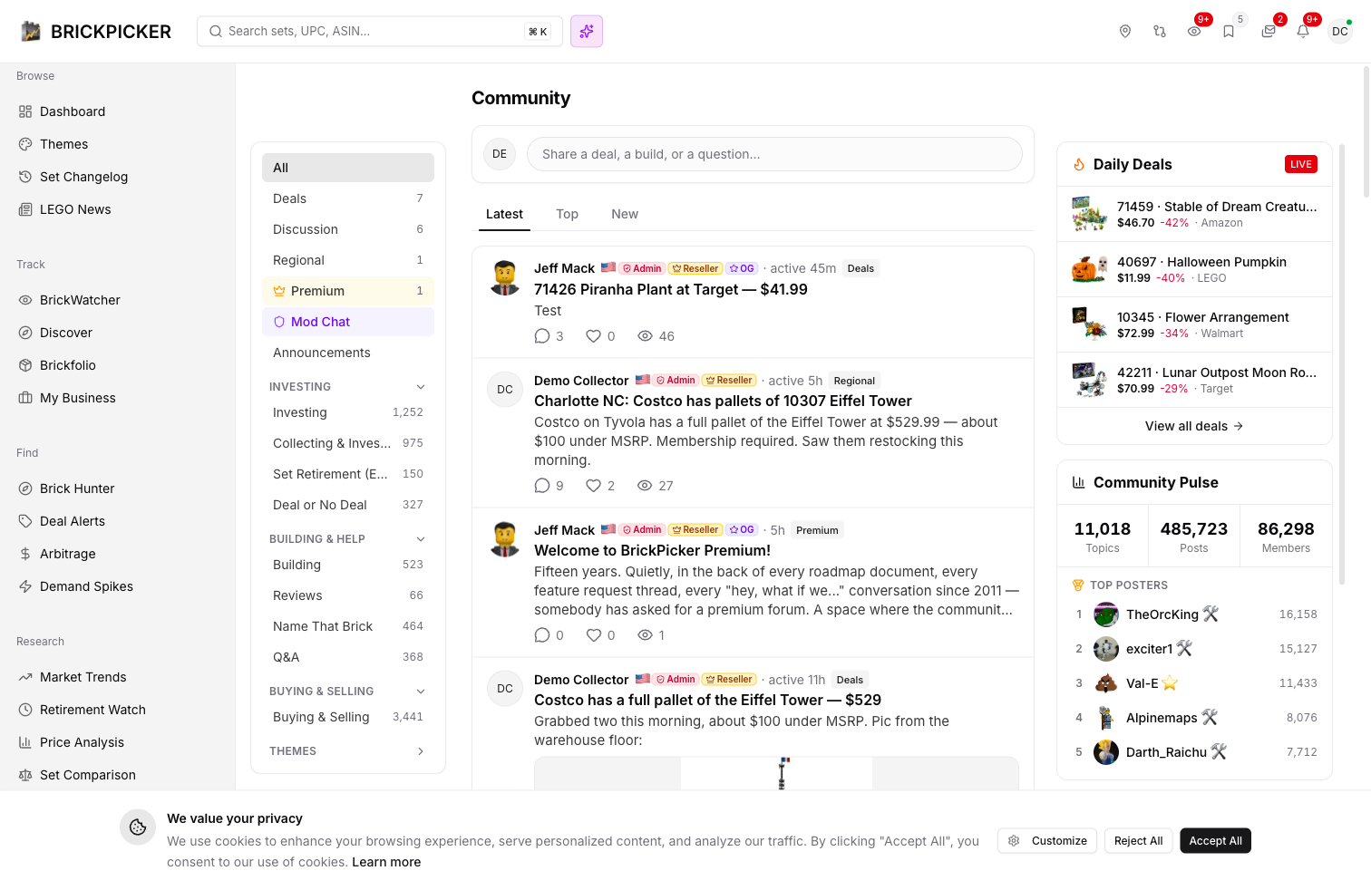 The new BrickPicker Community — categories, live feed, and Community Pulse, all in one place