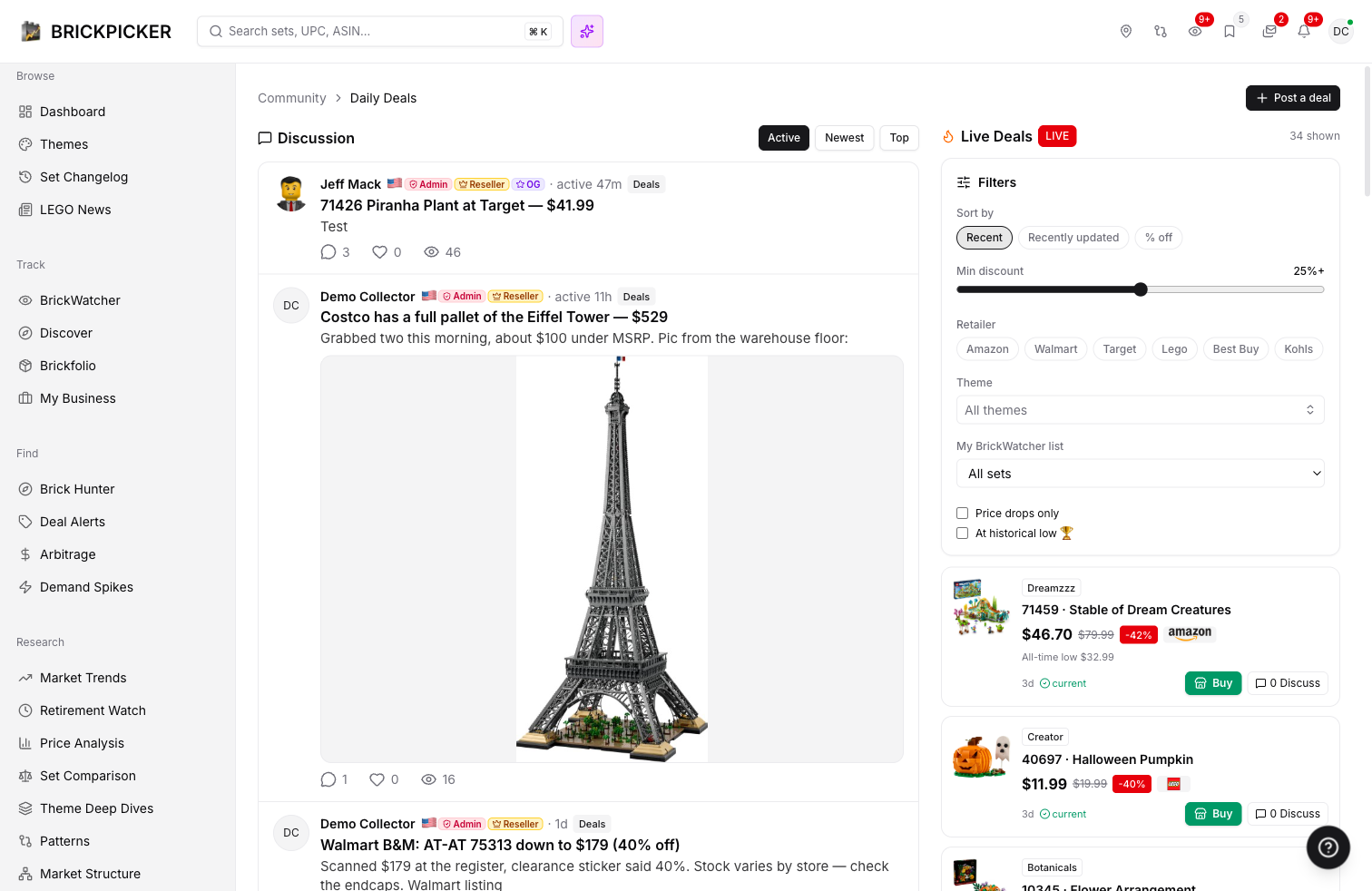 The Daily Deals Hub — community discussion on the left, a live-streaming deal feed with retailer and ROI filters on the right