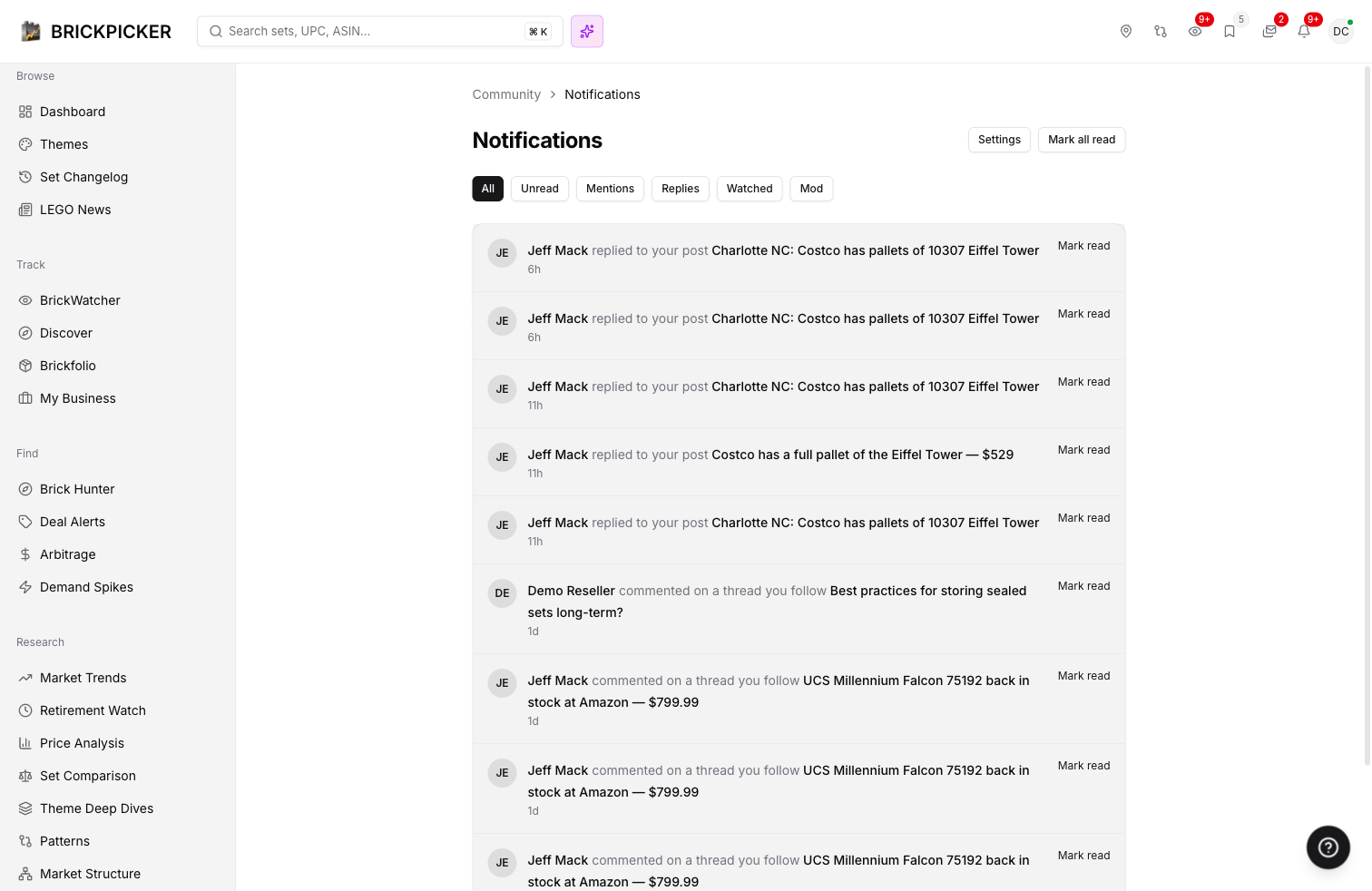The centralized notification inbox — filter by All, Unread, Mentions, Replies, Watched threads, and Moderator actions